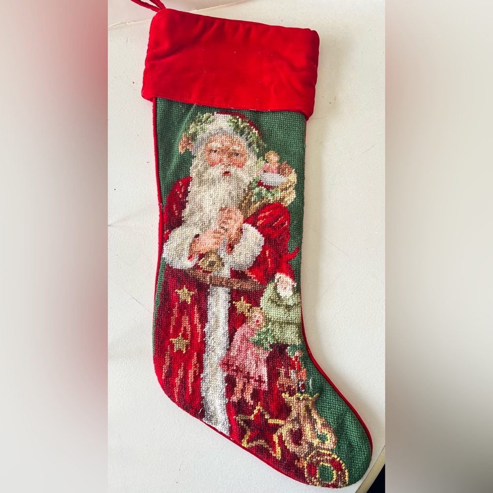 Hand Needlepoint wool Christmas Stocking St Nick backed in red cotton velvet